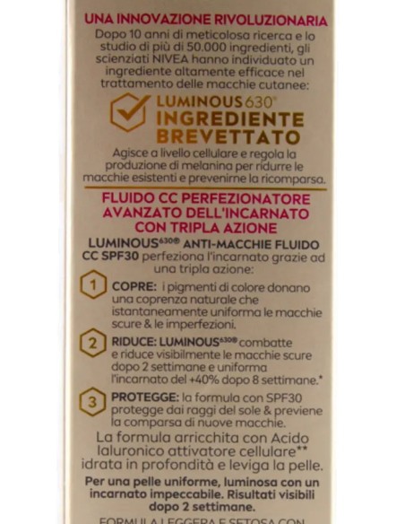 nivea luminous 630 anti-macchie fluido cc spf30 3in1 - 02 medium - 40ml: tuttocasashop.live: igiene e cura della persona
