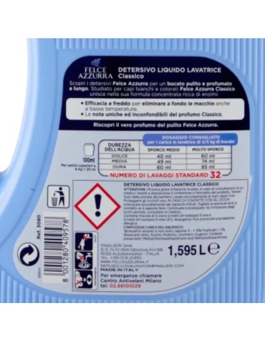 felce azzurra detersivo lavatrice liquido - 32 lavaggi - 1595ml - classico: tuttocasashop.live: prodotti per bucato e tessuti
