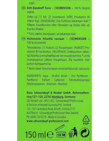 testanera schwarzkopf 3d mension - 150ml - tonico antiforfora: tuttocasashop.live: igiene e cura della persona
