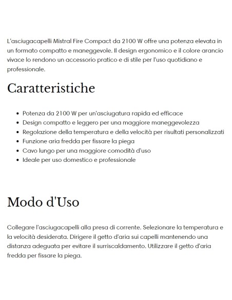 mistral fire compact asciugacapelli 2100w - professionale - arancione: tuttocasashop.live: altro - bazar