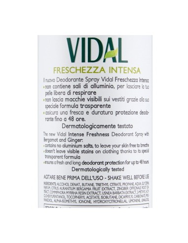 vidal deodorante spray - 150ml - freschezza intesa - bergamotto e zenzero: tuttocasashop.live: igiene e cura della persona