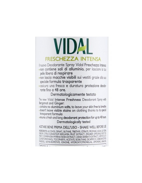 vidal deodorante spray - 150ml - freschezza intesa - bergamotto e zenzero: tuttocasashop.live: igiene e cura della persona