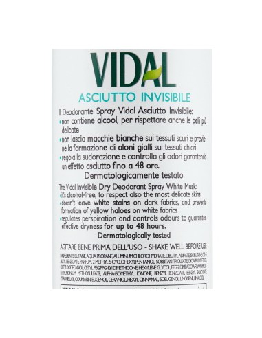 vidal deodorante spray - 150ml - asciutto invisibile - muschio bianco: tuttocasashop.live: igiene e cura della persona