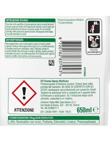 cif crema spray multiuso - 650ml - sporco ostinato - risciacquo facile: tuttocasashop.live: pulizia e cura della casa