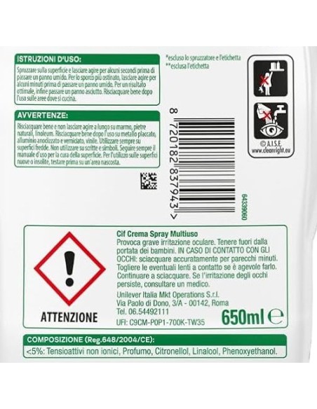 cif crema spray multiuso - 650ml - sporco ostinato - risciacquo facile: tuttocasashop.live: pulizia e cura della casa