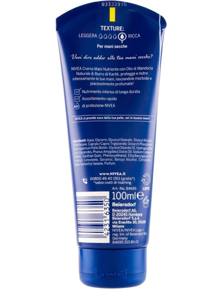 nivea crema mani nutriente 100ml - 24h di protezione - pelle secca: tuttocasashop.live: igiene e cura della persona