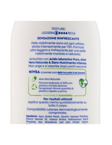 nivea body crema fluida corpo - 500ml - 72h idratante - aloe: tuttocasashop.live: igiene e cura della persona