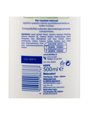 nivea body crema fluida corpo - 500ml - 72h idratante - aloe: tuttocasashop.live: igiene e cura della persona