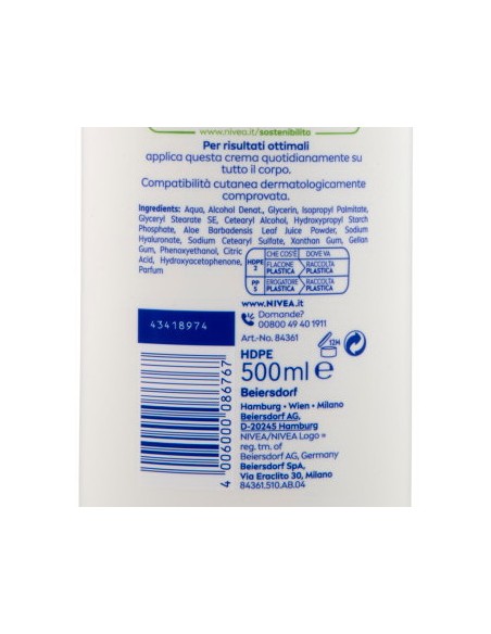nivea body crema fluida corpo - 500ml - 72h idratante - aloe: tuttocasashop.live: igiene e cura della persona