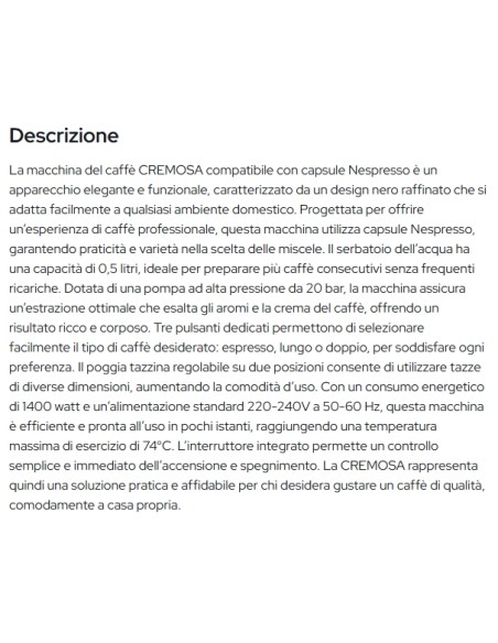 cremosa melchioni macchina caffe' 1400w - compatibile nespresso - nera: tuttocasashop.live: altro - bazar
